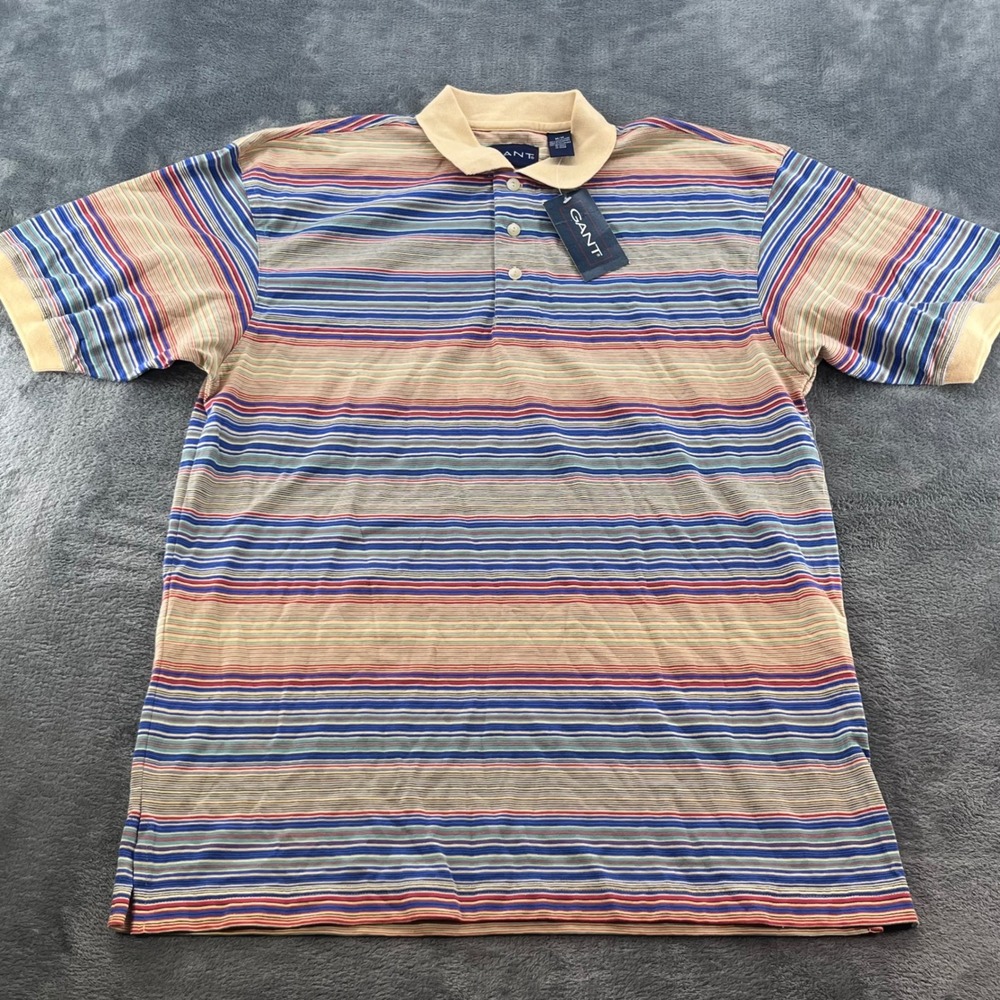 NWT Gant Mens Multi Color Striped Short Sleeve Polo Shirt Size Medium